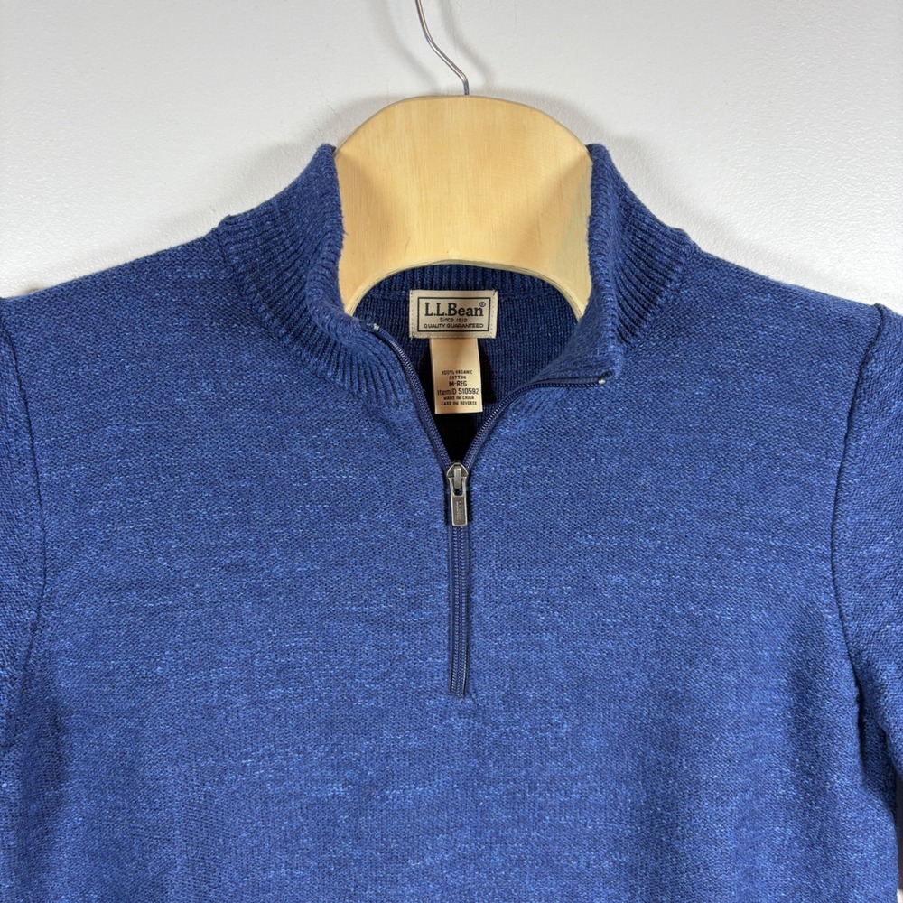 LL Bean Mens Blue Organic Cotton Quarter Zip Pullover Sweater M 510592‎